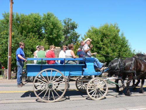 A bright blue horse drawn wagon with riders