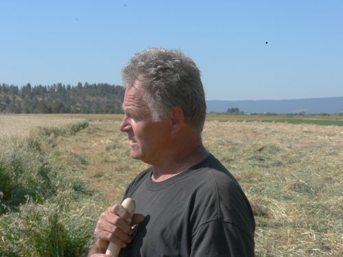 Helmut Gio of Big Valley, with pitchfork in his mowed field.