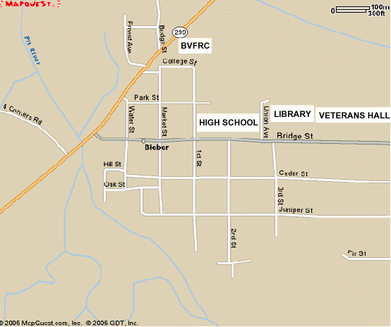 A map showing the Library location in Bieber